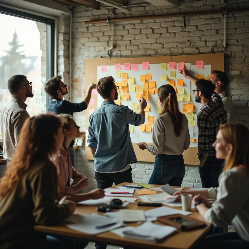 Équipe en session de brainstorming créatif